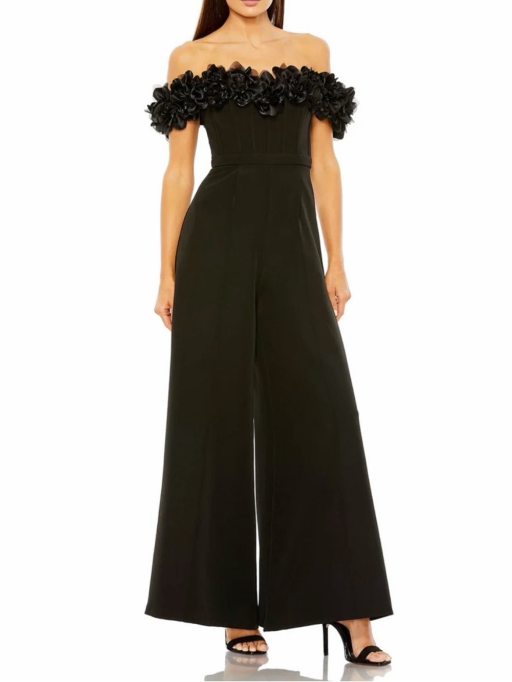 Ieena for Mac Duggal Black Off-Shoulder Floral Trim Jumpsuit NWT